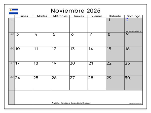 Tulostettava kalenteri, marraskuu 2025, Uruguay (LD)