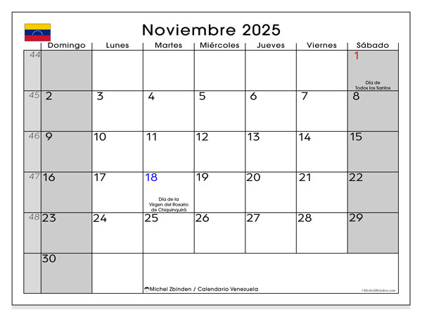 Kalender til udskrivning, november 2025, Venezuela (DS)