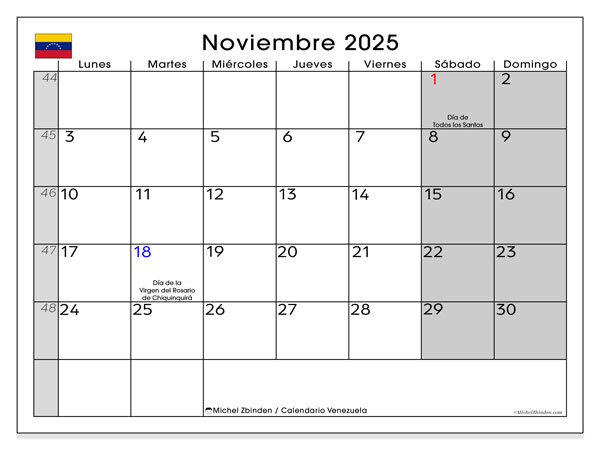Kalender om af te drukken, november 2025, Venezuela (LD)