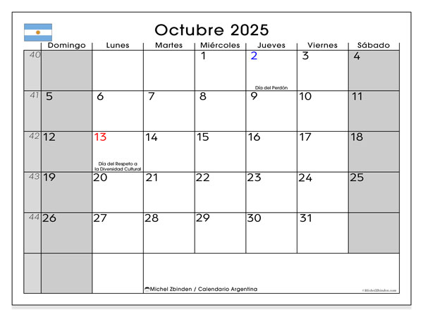 Kalender til udskrivning, oktober 2025, Argentina (DS)