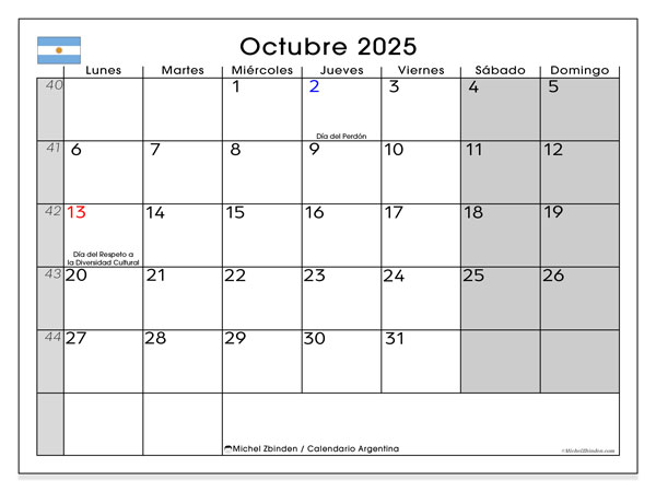 Kalender for utskrift, oktober 2025, Argentina (LD)
