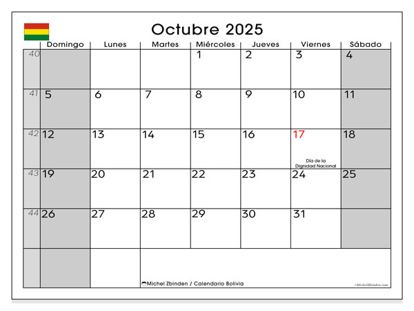 Kalender for utskrift, oktober 2025, Bolivia (DS)