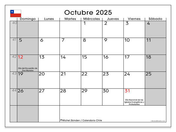 Tulostettava kalenteri, lokakuu 2025, Chile (DS)
