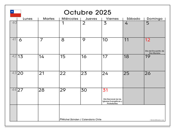 Kalender om af te drukken, oktober 2025, Chili (LD)