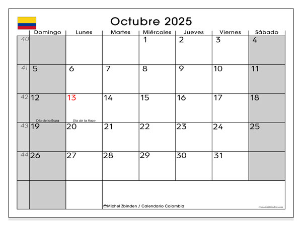 Tulostettava kalenteri, lokakuu 2025, Kolumbia (DS)