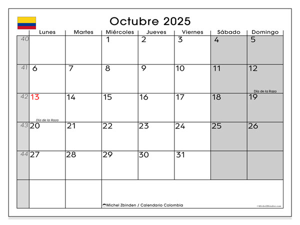 Kalender for utskrift, oktober 2025, Colombia (LD)