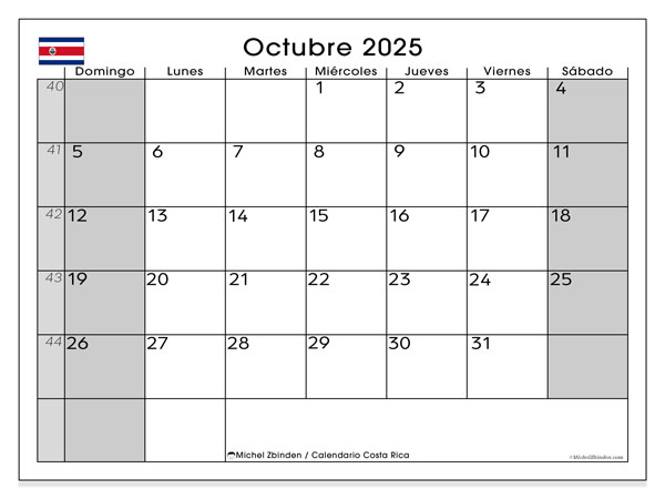 Kalender for utskrift, oktober 2025, Costa Rica (DS)