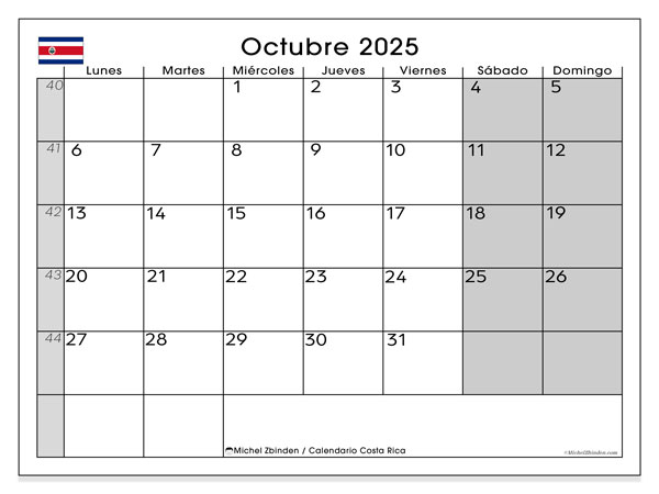 Kalender til udskrivning, oktober 2025, Costa Rica (LD)