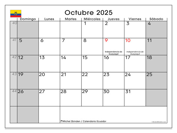 Kalender til udskrivning, oktober 2025, Ecuador (DS)