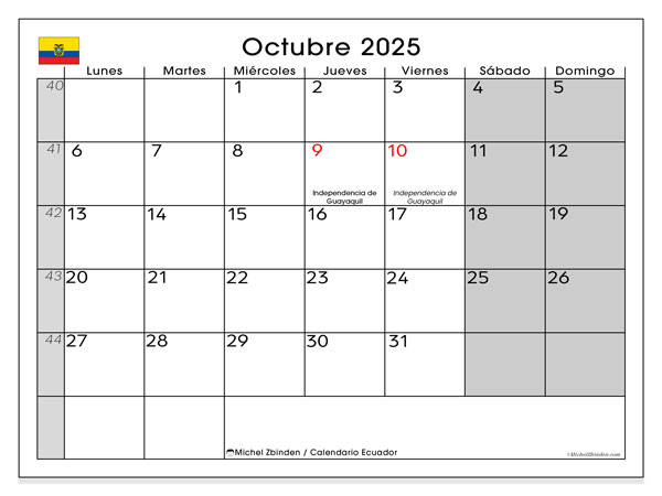 Kalender til udskrivning, oktober 2025, Ecuador (LD)