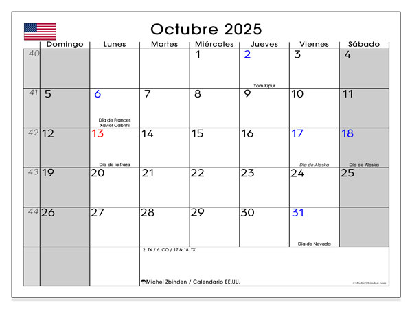 Tulostettava kalenteri, lokakuu 2025, Yhdysvallat (ES)