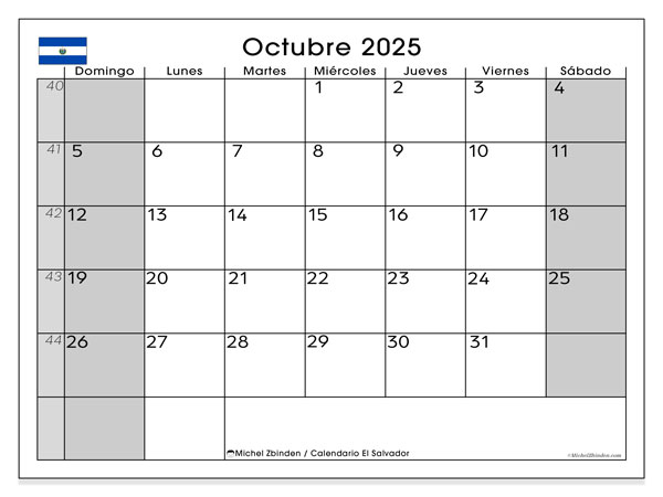 Kalender til udskrivning, oktober 2025, El Salvador (DS)