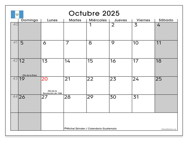 Kalender zum Ausdrucken, Oktober 2025, Guatemala (DS)
