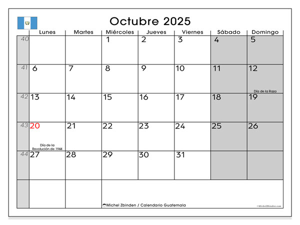 Kalender zum Ausdrucken, Oktober 2025, Guatemala (LD)