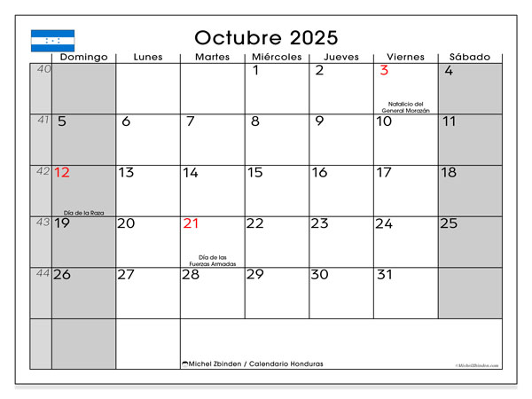 Kalender zum Ausdrucken, Oktober 2025, Honduras (DS)