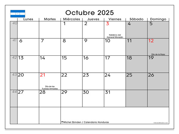 Tulostettava kalenteri, lokakuu 2025, Honduras (LD)