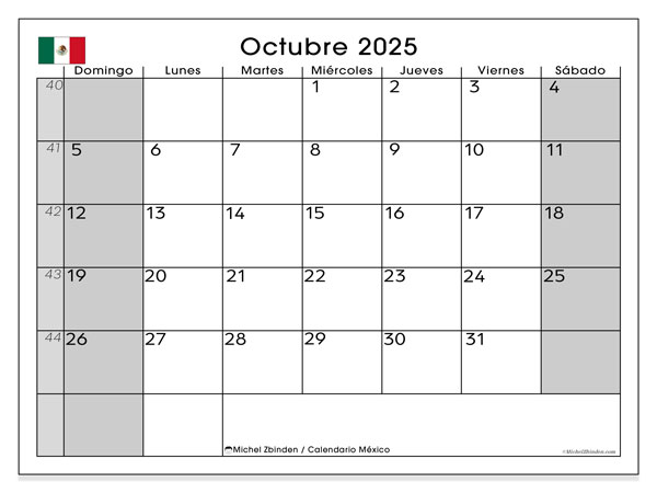 Calendario da stampare, ottobre 2025, Messico (DS)