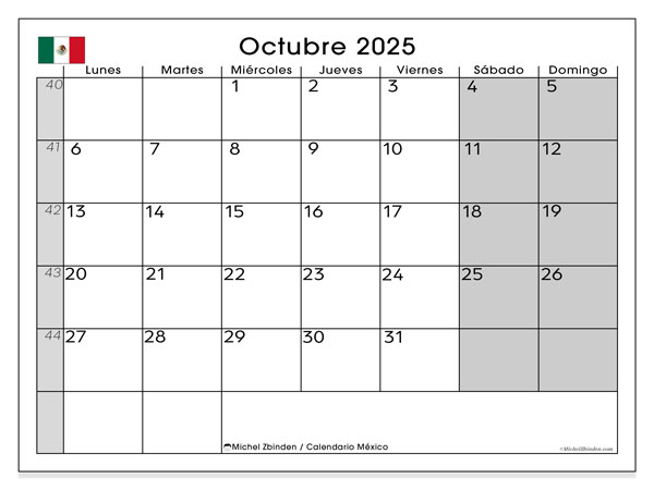 Kalender om af te drukken, oktober 2025, Mexico (LD)