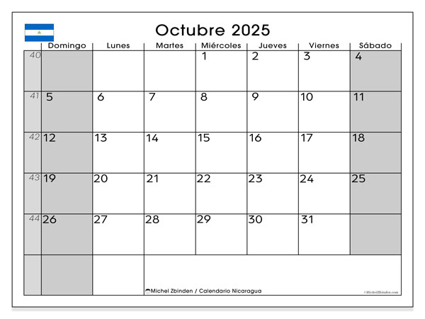 Kalender for utskrift, oktober 2025, Nicaragua (DS)