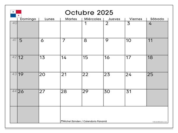 Calendario para imprimir, octubre 2025, Panamá (DS)