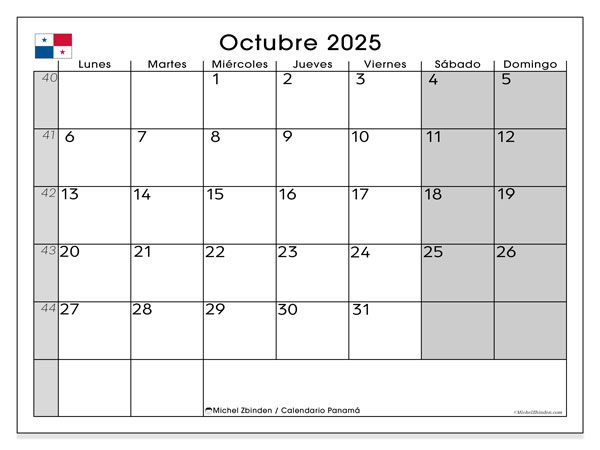 Calendario para imprimir, octubre 2025, Panamá (LD)