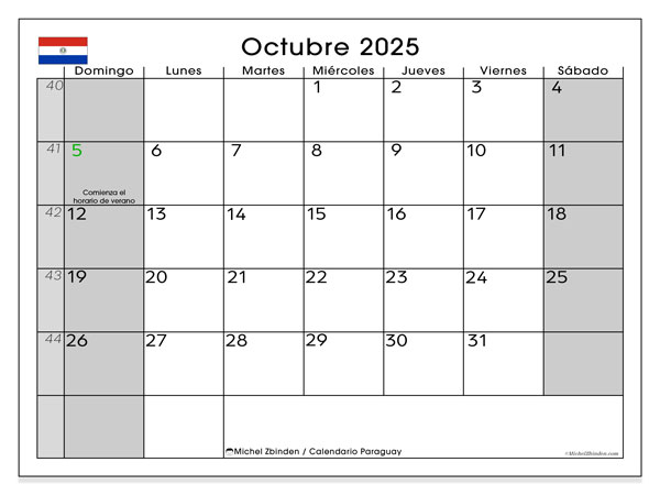 Calendario da stampare, ottobre 2025, Paraguay (DS)