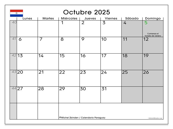 Kalender til udskrivning, oktober 2025, Paraguay (LD)