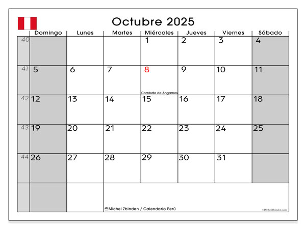 Tulostettava kalenteri, lokakuu 2025, Peru (DS)