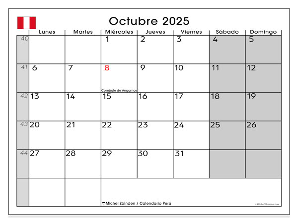 Kalender att skriva ut, oktober 2025, Peru (LD)