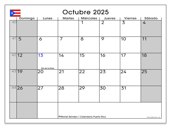 Kalender for utskrift, oktober 2025, Puerto Rico