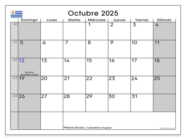 Kalender til udskrivning, oktober 2025, Uruguay (DS)
