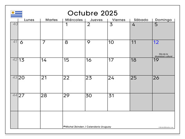Kalender zum Ausdrucken, Oktober 2025, Uruguay (LD)