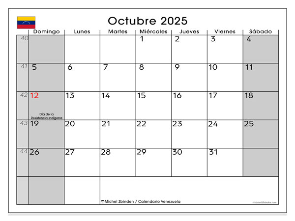 Kalender zum Ausdrucken, Oktober 2025, Venezuela (DS)