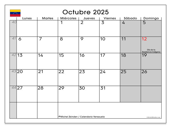 Tulostettava kalenteri, lokakuu 2025, Venezuela (LD)