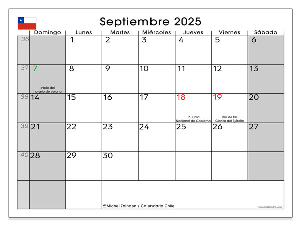 Calendario da stampare, settembre 2025, Cile (DS)