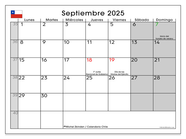 Calendario da stampare, settembre 2025, Cile (LD)