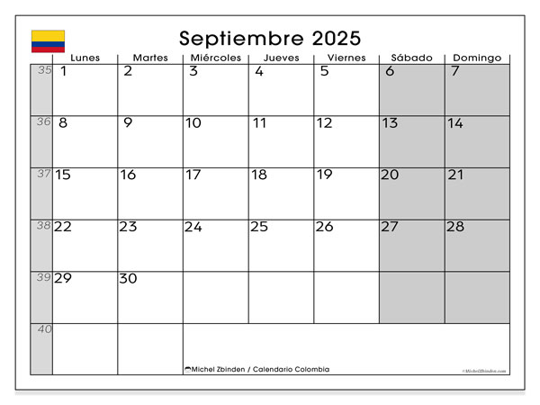 Kalendarz do druku, wrzesień 2025, Kolumbia (LD)
