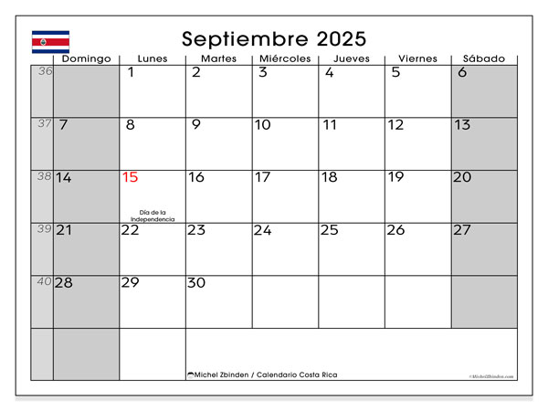 Calendario da stampare, settembre 2025, Costa Rica (DS)