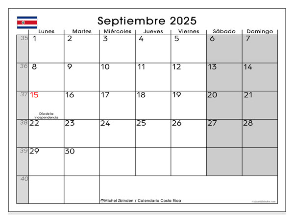 Tulostettava kalenteri, syyskuu 2025, Costa Rica (LD)