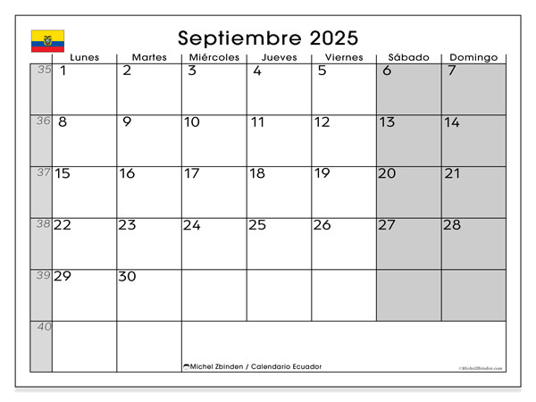 Kalendarz do druku, wrzesień 2025, Ekwador (LD)