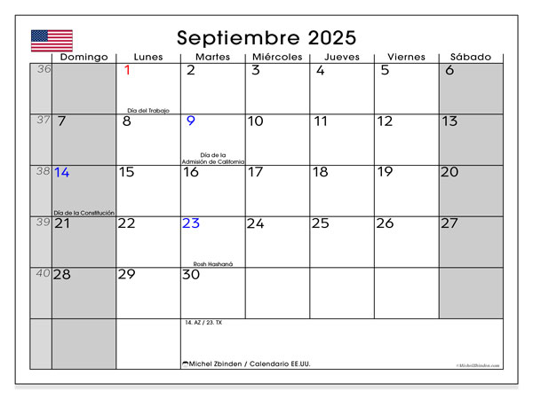 Tulostettava kalenteri, syyskuu 2025, Yhdysvallat (ES)