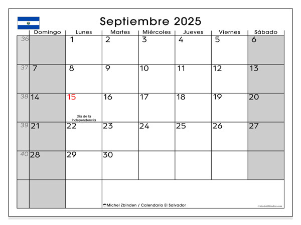 Calendrier à imprimer, septembrie 2025, El Salvador (DS)