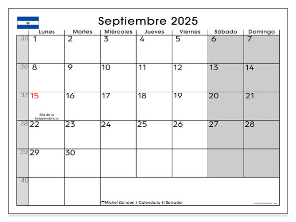 Calendrier à imprimer, septembrie 2025, El Salvador (LD)
