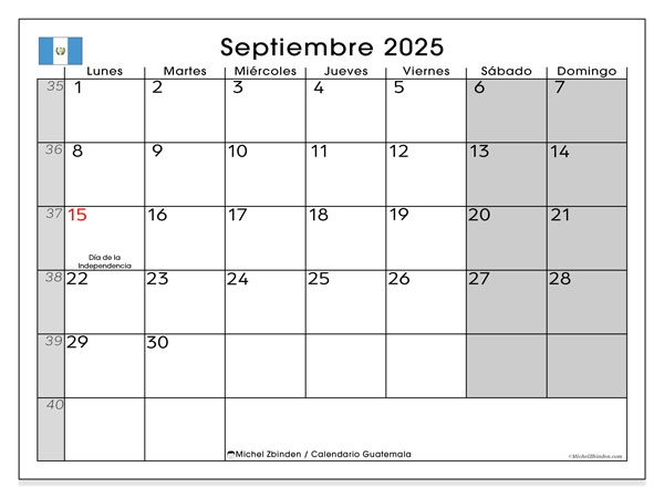 Calendario da stampare, settembre 2025, Guatemala (LD)