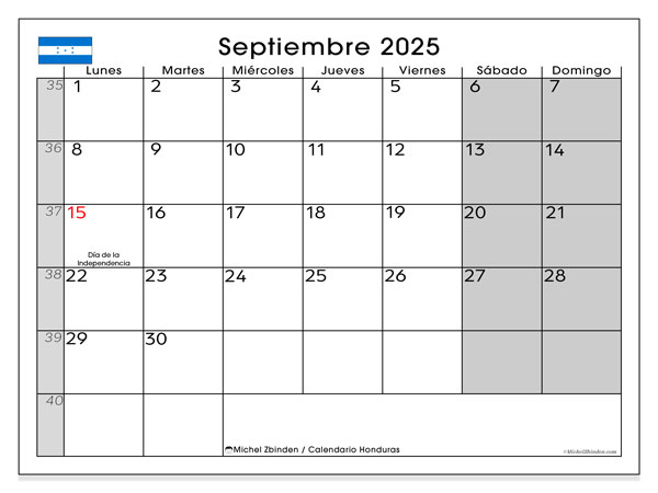 Calendario da stampare, settembre 2025, Honduras (LD)