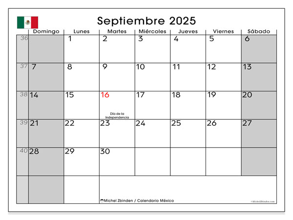 Calendrier à imprimer, septembrie 2025, Mexic (DS)