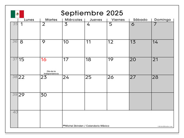 Kalender for utskrift, september 2025, Mexico (LD)