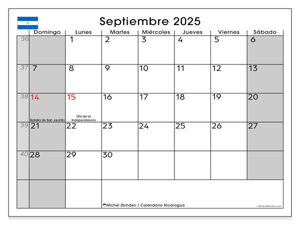 Calendrier à imprimer, septembrie 2025, Nicaragua (DS)