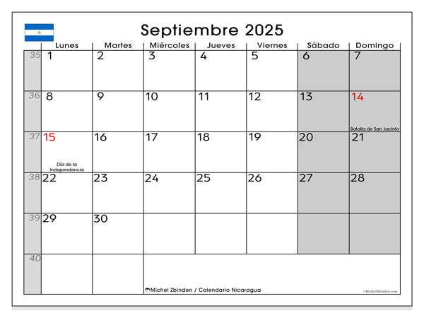Tulostettava kalenteri, syyskuu 2025, Nicaragua (LD)