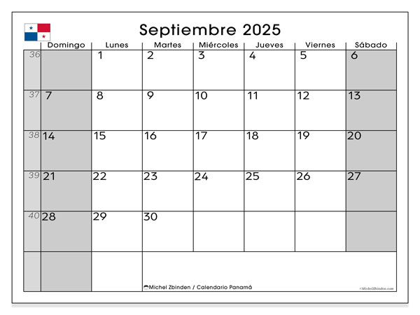 Calendario para imprimir, septiembre 2025, Panamá (DS)